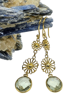 Load image into Gallery viewer, Green Amethyst Earrings, Gold Plated Sterling Silver, Checkerboard Faceted, Long drops - GemzAustralia 