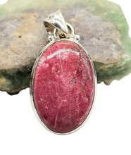 Load image into Gallery viewer, Oval Thulite Pendant, Vibrant Pink Gemstone, Pink Zoisite, Rosaline Crystal, Love Stone - GemzAustralia 