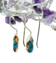 Load image into Gallery viewer, Orange and Blue Oyster Turquoise Earrings, Pear Shaped, Sterling Silver, Copper Turquoise - GemzAustralia 