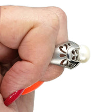 Load image into Gallery viewer, Pearl Ring, 925 Sterling Silver, White Lustre, Matte Silver &amp; Highly polished Silver, size 7 1/2 - GemzAustralia 