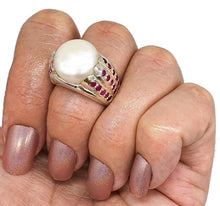 Load image into Gallery viewer, Mabe Pearl &amp; Ruby Ring, 925 Sterling Silver, June / July Birthstones, Size 8 - GemzAustralia 