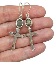 Load image into Gallery viewer, Cat's Eye Cross Earrings, Sterling Silver, Lehsuniya Gemstone, Cabochon stone, Oval Shape - GemzAustralia 