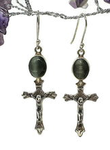 Load image into Gallery viewer, Cat's Eye Cross Earrings, Sterling Silver, Lehsuniya Gemstone, Cabochon stone, Oval Shape - GemzAustralia 