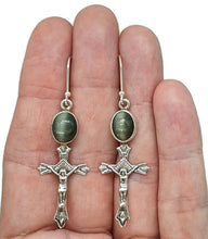 Load image into Gallery viewer, Cat's Eye Cross Earrings, Sterling Silver, Lehsuniya Gemstone, Cabochon stone, Oval Shape - GemzAustralia 