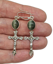 Load image into Gallery viewer, Cat's Eye Cross Earrings, Sterling Silver, Lehsuniya Gemstone, Cabochon stone, Oval Shape - GemzAustralia 