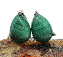 Load image into Gallery viewer, Malachite Stud Earrings, Sterling Silver, Pear Shaped, Beautiful Rich Green Gemstone - GemzAustralia 