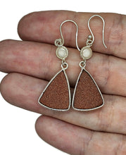 Load image into Gallery viewer, Sunstone &amp; Pearl Earrings, Triangle Shaped, Sterling Silver, Stone of Leadership - GemzAustralia 