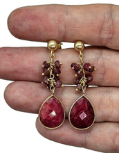 Load image into Gallery viewer, Dangly Ruby Earrings, 14k Gold Plated Sterling Silver, Faceted Bead Earrings - GemzAustralia 