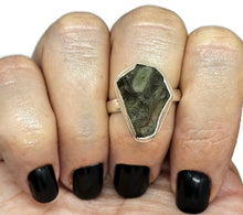 Load image into Gallery viewer, Statement Moldavite Ring, Size R, Sterling Silver, Meteorite Stone, Forest green - GemzAustralia 