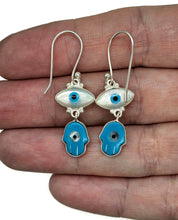Load image into Gallery viewer, Hamsa Hand &amp; Naza Eye Earrings, Sterling Silver, Blue White Enamel - GemzAustralia 
