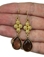 Load image into Gallery viewer, Smoky Quartz Earrings, Sterling Silver, 14K gold Plated, Caramel Brown, Double Drop - GemzAustralia 