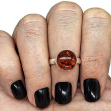Load image into Gallery viewer, Baltic Amber Ring, size M, Sterling Silver, Round Shaped, Cognac Amber, Fossilized - GemzAustralia 