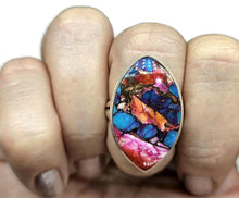 Load image into Gallery viewer, Oyster Turquoise Ring with Pink Opal, Size T, Leaf Shaped, Sterling Silver - GemzAustralia 