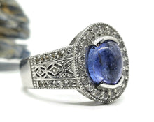 Load image into Gallery viewer, Tanzanite Halo Ring, size Q, Cabochon Gemstone, Sterling Silver, White Zircon - GemzAustralia 
