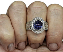 Load image into Gallery viewer, Tanzanite Halo Ring, size Q, Cabochon Gemstone, Sterling Silver, White Zircon - GemzAustralia 