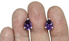 Load image into Gallery viewer, Teardrop Amethyst Studs, 5.5 carats, Sterling Silver, Pear Faceted, Solitaire studs, Prong set - GemzAustralia 
