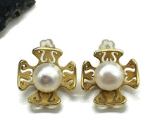 Load image into Gallery viewer, Floral Pearl Stud Earrings, Gold Plated Sterling Silver, White Pearl Studs, Flower Design - GemzAustralia 