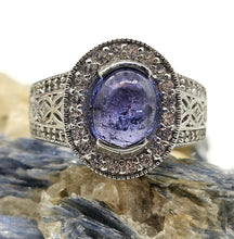 Load image into Gallery viewer, Tanzanite Halo Ring, size Q, Cabochon Gemstone, Sterling Silver, White Zircon - GemzAustralia 