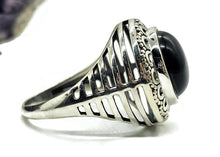 Load image into Gallery viewer, Round Black Onyx Ring, Size R 1/2, Sterling Silver, Halo Design, Strength Giving - GemzAustralia 