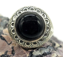 Load image into Gallery viewer, Round Black Onyx Ring, Size R 1/2, Sterling Silver, Halo Design, Strength Giving - GemzAustralia 