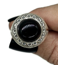 Load image into Gallery viewer, Round Black Onyx Ring, Size R 1/2, Sterling Silver, Halo Design, Strength Giving - GemzAustralia 