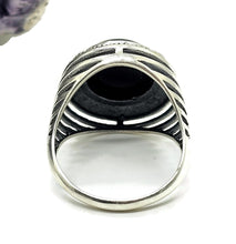 Load image into Gallery viewer, Round Black Onyx Ring, Size R 1/2, Sterling Silver, Halo Design, Strength Giving - GemzAustralia 