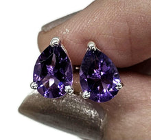 Load image into Gallery viewer, Teardrop Amethyst Studs, 5.5 carats, Sterling Silver, Pear Faceted, Solitaire studs, Prong set - GemzAustralia 