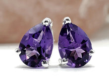 Load image into Gallery viewer, Teardrop Amethyst Studs, 5.5 carats, Sterling Silver, Pear Faceted, Solitaire studs, Prong set - GemzAustralia 