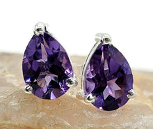 Load image into Gallery viewer, Teardrop Amethyst Studs, 5.5 carats, Sterling Silver, Pear Faceted, Solitaire studs, Prong set - GemzAustralia 
