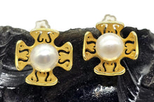 Load image into Gallery viewer, Floral Pearl Stud Earrings, Gold Plated Sterling Silver, White Pearl Studs, Flower Design - GemzAustralia 