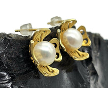 Load image into Gallery viewer, Floral Pearl Stud Earrings, Gold Plated Sterling Silver, White Pearl Studs, Flower Design - GemzAustralia 