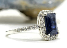 Load image into Gallery viewer, Rectangle Sapphire &amp; White Zircon Halo Ring, September Birthstone, Size Q, Sterling Silver - GemzAustralia 