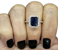 Load image into Gallery viewer, Rectangle Sapphire &amp; White Zircon Halo Ring, September Birthstone, Size Q, Sterling Silver - GemzAustralia 