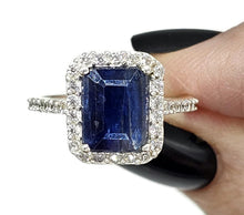 Load image into Gallery viewer, Rectangle Sapphire &amp; White Zircon Halo Ring, September Birthstone, Size Q, Sterling Silver - GemzAustralia 