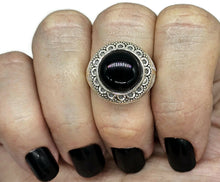 Load image into Gallery viewer, Round Black Onyx Ring, Size R 1/2, Sterling Silver, Halo Design, Strength Giving - GemzAustralia 