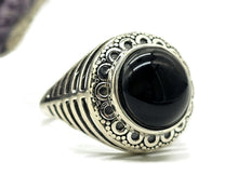 Load image into Gallery viewer, Round Black Onyx Ring, Size R 1/2, Sterling Silver, Halo Design, Strength Giving - GemzAustralia 