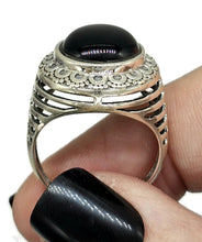 Load image into Gallery viewer, Round Black Onyx Ring, Size R 1/2, Sterling Silver, Halo Design, Strength Giving - GemzAustralia 