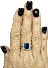 Load image into Gallery viewer, Rectangle Sapphire &amp; White Zircon Halo Ring, September Birthstone, Size Q, Sterling Silver - GemzAustralia 