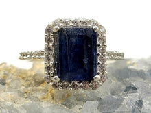 Load image into Gallery viewer, Rectangle Sapphire &amp; White Zircon Halo Ring, September Birthstone, Size Q, Sterling Silver - GemzAustralia 