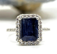 Load image into Gallery viewer, Rectangle Sapphire &amp; White Zircon Halo Ring, September Birthstone, Size Q, Sterling Silver - GemzAustralia 