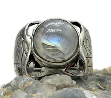 Load image into Gallery viewer, Statement Moonstone Ring, Size N, Sterling Silver, Round Cabochon, Psychic Protection - GemzAustralia 
