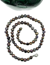 Load image into Gallery viewer, Black Peacock Baroque Pearl Necklace in a natural Purple Green Colour, Sterling Silver - GemzAustralia 