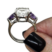 Load image into Gallery viewer, Quartz Crystal &amp; Amethyst Ring, size R 1/2, Trilogy Ring, Sterling Silver, Round and Pear - GemzAustralia 