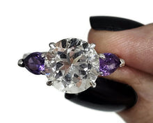 Load image into Gallery viewer, Quartz Crystal &amp; Amethyst Ring, size R 1/2, Trilogy Ring, Sterling Silver, Round and Pear - GemzAustralia 