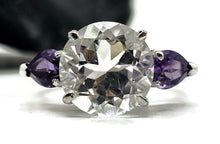 Load image into Gallery viewer, Quartz Crystal &amp; Amethyst Ring, size R 1/2, Trilogy Ring, Sterling Silver, Round and Pear - GemzAustralia 