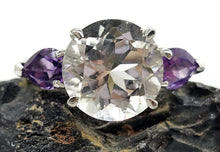 Load image into Gallery viewer, Quartz Crystal &amp; Amethyst Ring, size R 1/2, Trilogy Ring, Sterling Silver, Round and Pear - GemzAustralia 