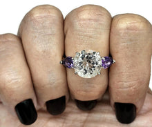 Load image into Gallery viewer, Quartz Crystal &amp; Amethyst Ring, size R 1/2, Trilogy Ring, Sterling Silver, Round and Pear - GemzAustralia 