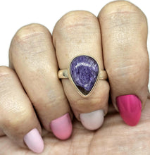 Load image into Gallery viewer, Charoite Ring, Size S, Pear Shaped, Swirls of Violet, Lavender &amp; Purple, Dream Stone - GemzAustralia 