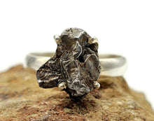 Load image into Gallery viewer, Raw Meteorite Ring, Size O, Sterling Silver, Metallic Grey Gem, 4 prong, Campo del Cielo - GemzAustralia 