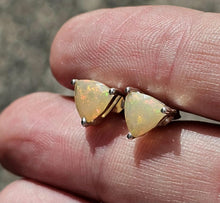 Load image into Gallery viewer, Solid Opal Studs, Trillion Faceted, Sterling Silver, October Birthstone, Pink, Green &amp; Gold - GemzAustralia 